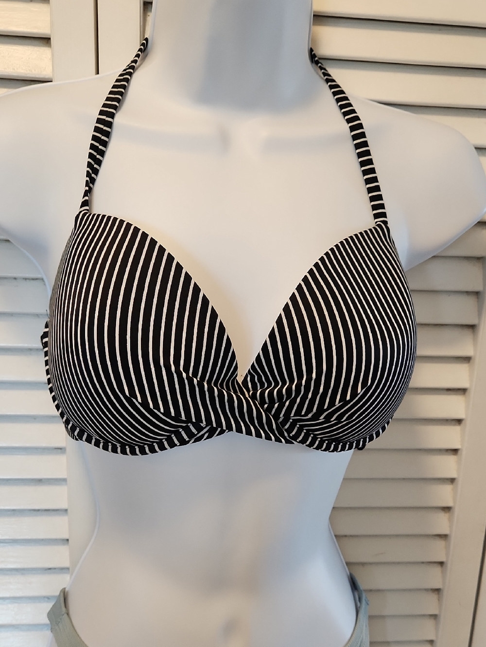 Shade & Shore Black and White Striped Halter Bikini Top